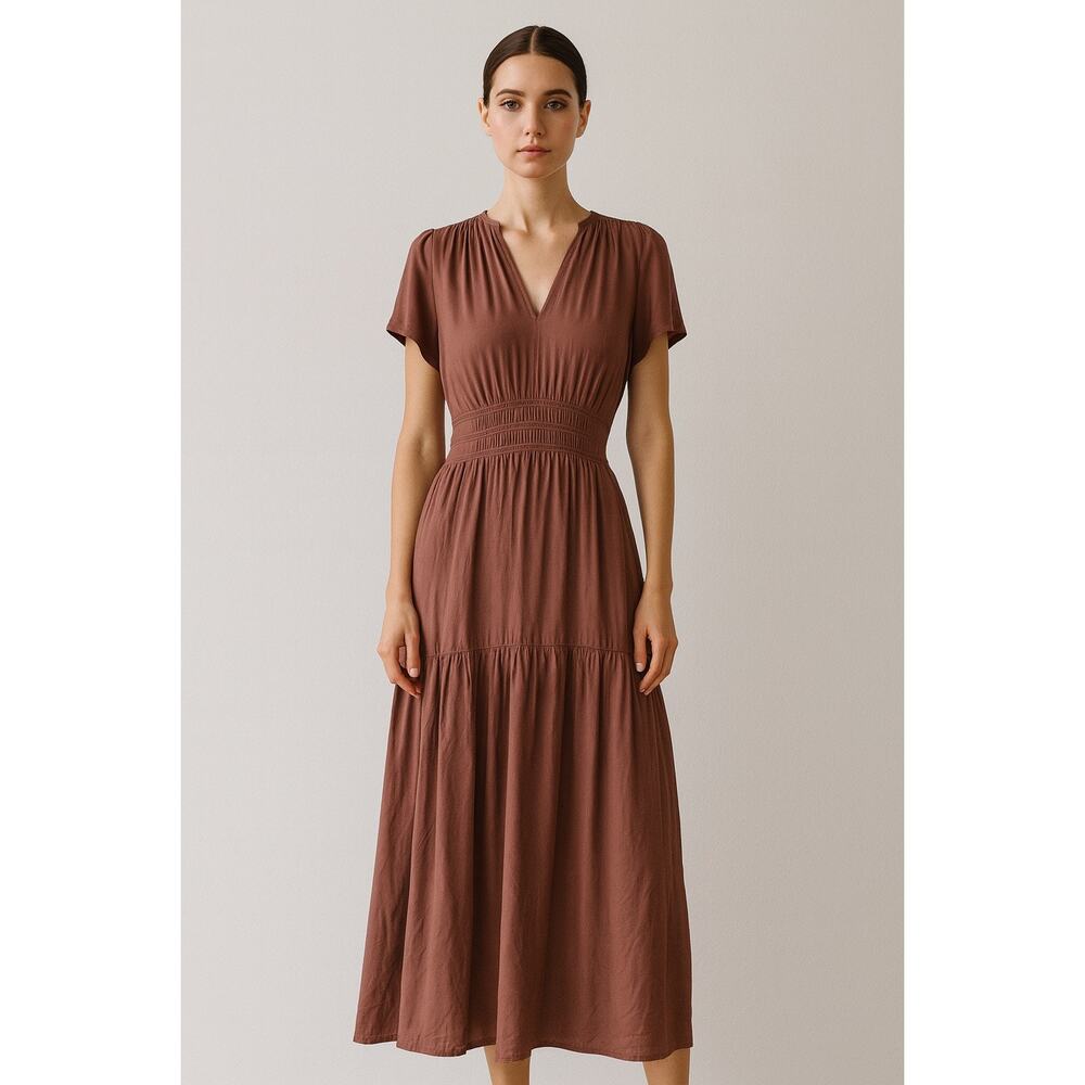 NWT Rielle Matte Satin Tiered Maxi Dress Brown S Minimalist Contemporary Neutral